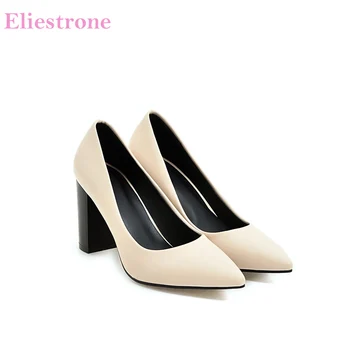 

Hot Sale Brand New Glamour Beige Brown Women Dress Pumps Black Square Heels Lady Casual Shoes AC357 Plus Big Size 4 10 33 43
