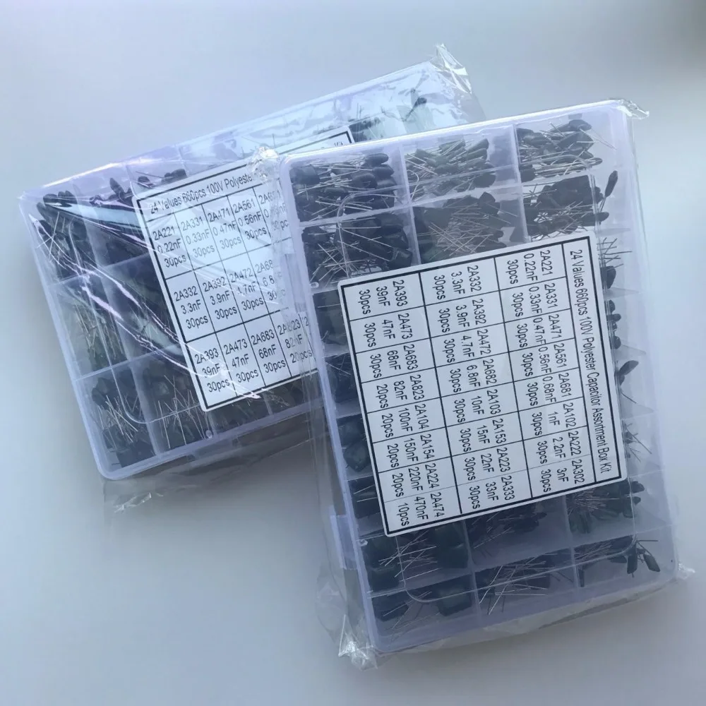 24 Values 660pcs 100V 2A221 ~ 2A474 2A331 2A471 2A561 2A681 2A102 2A222 2A302 Polyester Film Capacitor Assorted Kit | Автомобили и