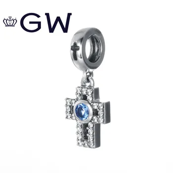 

New Fashion 925 Sterling Silver Shine Blue Clear Crystal Cross Beads Fit Original GW Charm Bracelet DIY Jewelry Gift