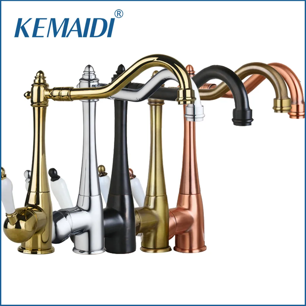 KEMAIDI Kitchen Sink Faucet Swivel Brass Finish Deck Mounted Tap Mixer