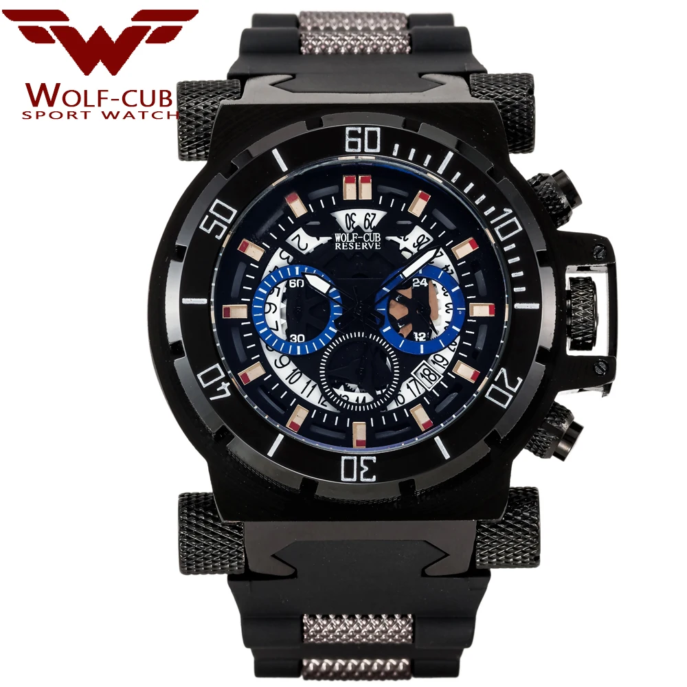  WOLF-CUB Luxury Big Dial Men's Sports Watches 3BAR blue Dial Man Steel Chronograph Quartz Wrist Wat