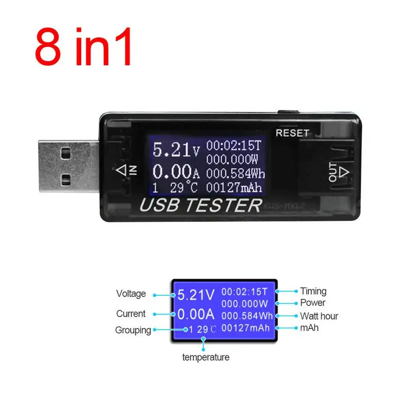 8 в 1 электрические Мощность USB Ёмкость Напряжение Тестер Текущий метр монитор вольтметр Амперметр KWS-MX17 - Цвет: Черный