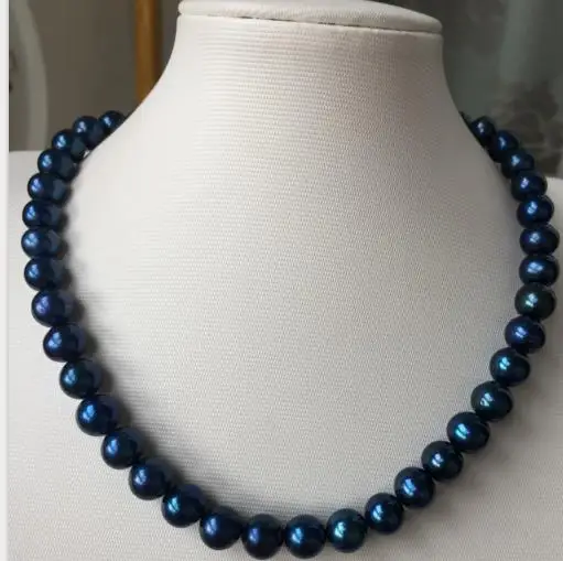 

stunning AAA9-10Tahitian round black blue pearl necklace 18inch 925 silver