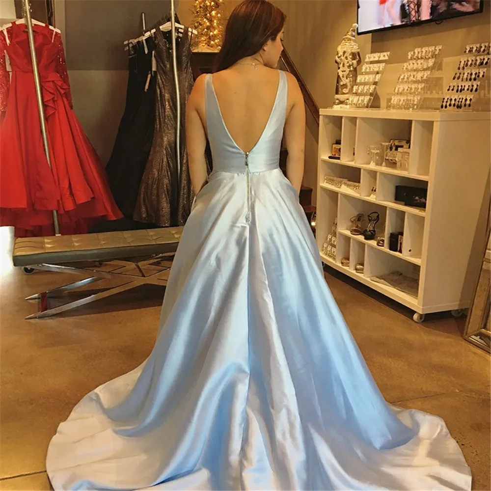 

Mint Blue Satin Princess Evening Dress 2019 V Neck Backless Sweep Train Long Formal Dresses Custom Made Party Gowns
