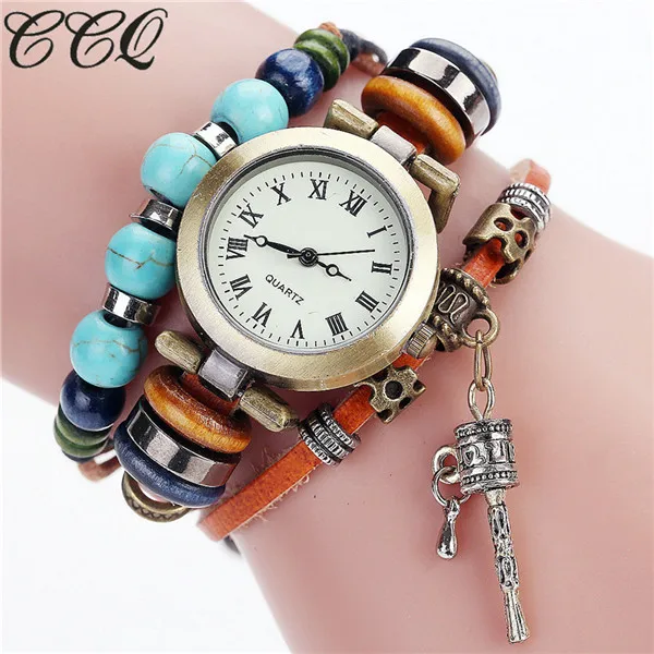 CCQ Бренд Винтаж для женщин бисером браслет с колокольчиками часы роскошные кожаные женские наручные часы кварцевые часы - Цвет: orange