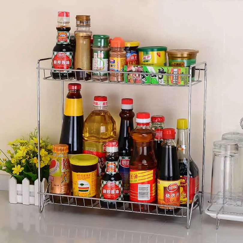 

Multi-functional Home Double Layers Spice Rack Metal Kitchen Organizer Seasoning Jar Storage Shelf For Spices Supplier