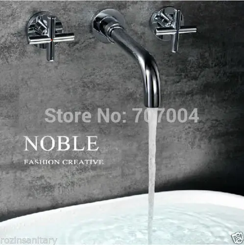 Chrome Finish Wall Mount Widespread Bathroom Faucet Double Lever 3 Holes Bathroom Mixer Tap
