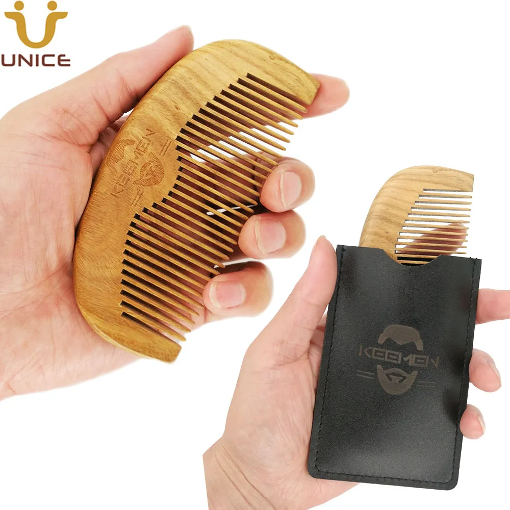 100 Pcs/Lot Custom LOGO Good Quality Natural Green Sandalwood Wooden Comb with Leather Case Beard Head Hair Grooming