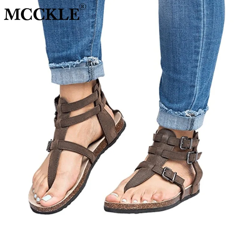 

MCCKLE Woman Thong Sandals Flat T-Strap Suede Gladiator Ankle Buckle Flip Flops Female Summer Beach Slides Flats Shoes Plus Size
