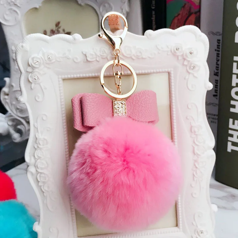 

2019 Crystal Bow Keychain Fur ball Pompon Keychain Mix Color Rex Rabbit Fur Animal Keychains For Woman Car Bag Keyring