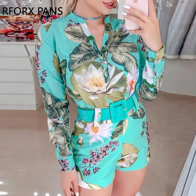 

Tropical Print Long Sleeve Shirt & Shorts Setn Jumpsuits Women 2019