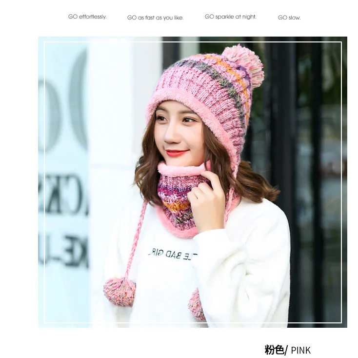 Women Winter Hat And Scarf Set Warm Knit Plus Velvet Hat Scarf For Girls High Quality Pompoms Balaclava Caps Scarf 2 Pieces/Set