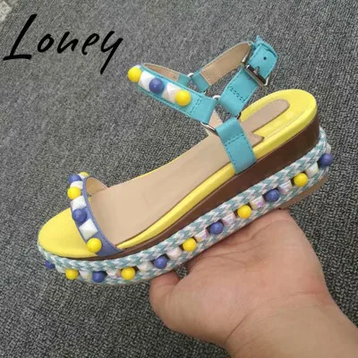 

Loney New Luxury Brand Candy Color Genuine Leather Open Toe Summer Sandals Studded HIgh Heel Wedges Shoes Women