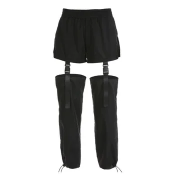 

Detachable Pants Women Harajuku Black Elastic Waist Hollow Out Buckle Hip Hop Casual Loose Harem Sweat Pants Streetwear