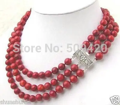 

Wholesale 32014 3 Rows Red Coral 18KWGP Flower Clasp Necklace