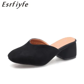 

ESRFIYFE 2019 New Women Slippers High Square Heels Summer Shoes Woman Large Size 34-46 Outside Fashion Concise Lady Mules Shoes