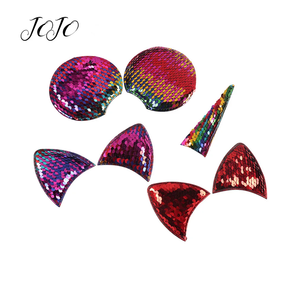 

JOJO BOWS 10pcs Reversible Sequin Patches Cat Ears Unicorn Horns Accessories For Needlework Apparel Sewing Materials DIY Hairbow
