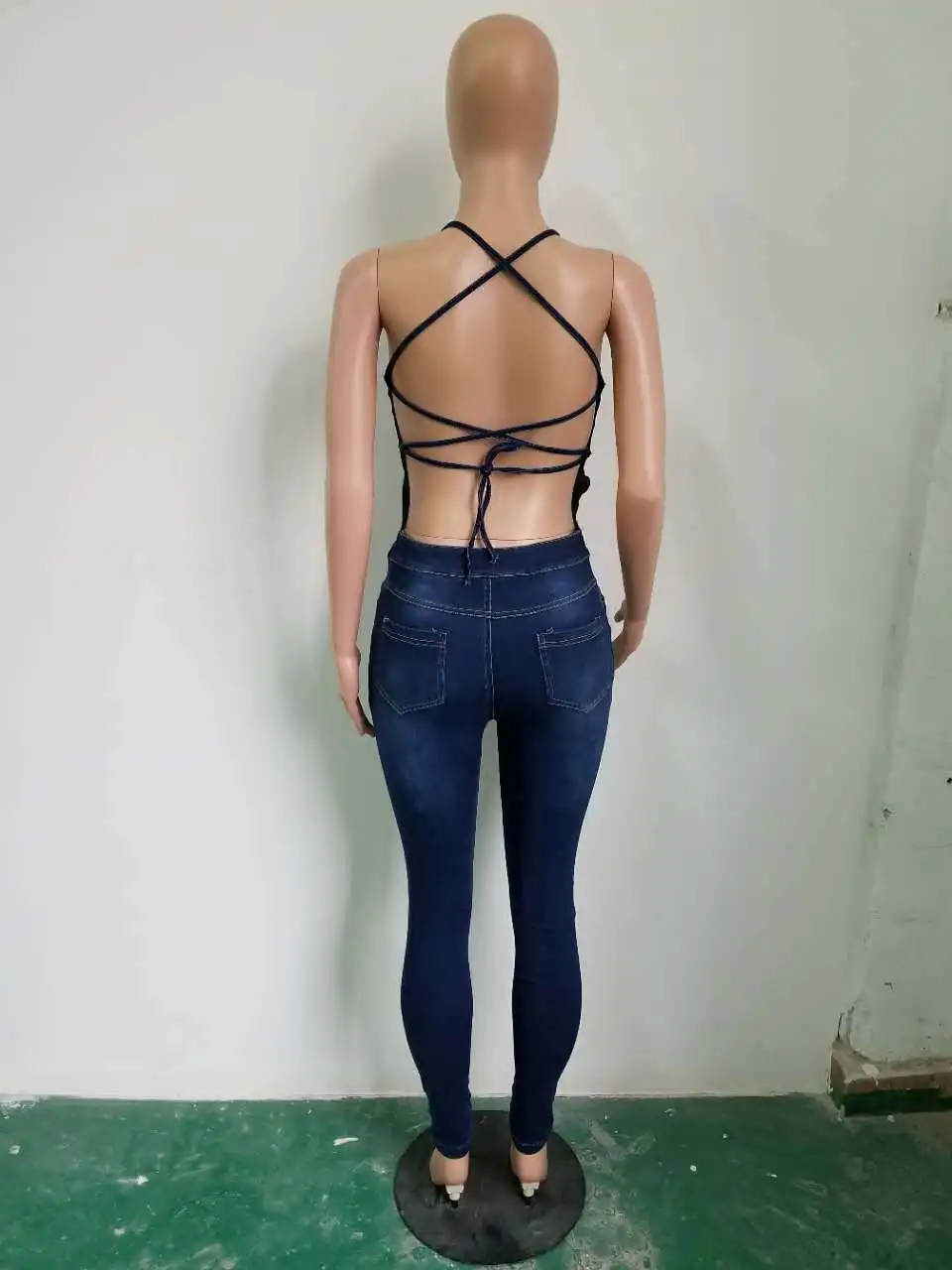VOLALO Sleeveless Backless Tie Back Snap Buttons Lace Up Women's Bodysuits Summer Jean Playsuits Jumpsuits Bodice Rompers New