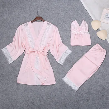 

Pink Sexy Lady Womens 3PC Strap Top Pants Suit Night Robe Sleepwear Sets Casual Pajamas Home Wear Nightwear Kimono Bath Gown XL