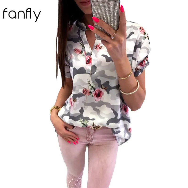 

Camouflage Women Blouses Shirt Short Sleeve Floral Ladies Top 2018 Summer V Neck Print Flower Casual Femme Blouse WS9012F