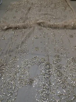 

Gold color glitter African Lace fabric with glitter Sequins High Quality mesh tulle Lace Fabric for wedding dress/ party dress