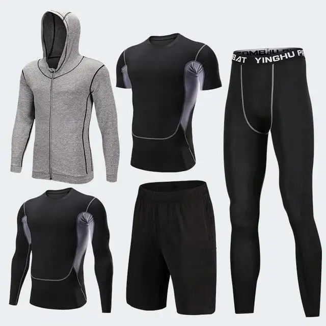 5pcs TQ grey set Мужские Компрессионные спортивные костюмы, трико для спортзала, тренировочная одежда, комплект для тренировок, бега, спортивный костюм для бега, сухая посадка размера плюс - Цвет: 5pcs TQ grey set