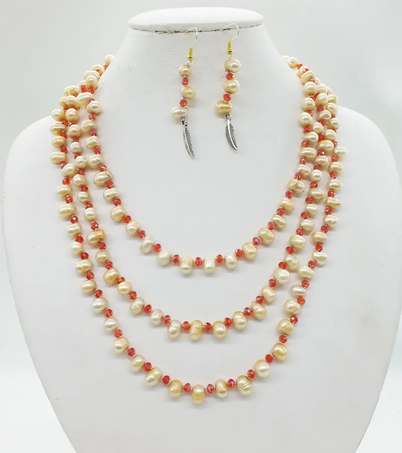 Classic French Romantic Jewelry, 3 layers Natural Baroque Pearl Necklace, Earrings, Set