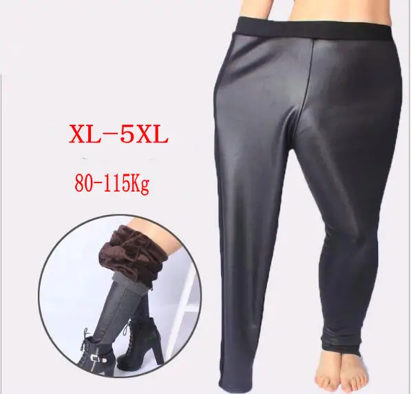 

Large Size Faux PU Shine Leggings for Fatty Women Black and Dark Gray Cotton Elastic Winter Warmer Legings for Cold Weather Y048