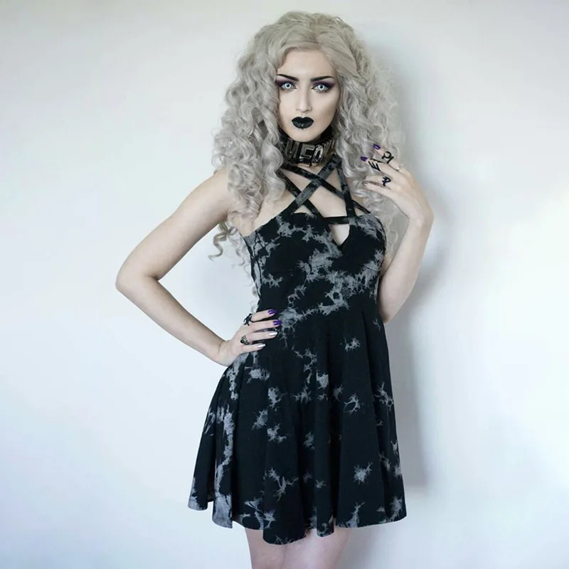 

2019 Lolita Printing Star Hollow Out Pleated Mini Dresses Girls Backless Sleeveless Gothic Club Bodycon Women Vestidos Outfits