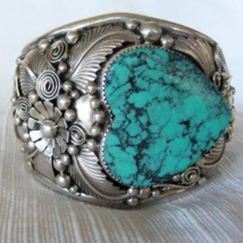 

Vintage Large Natural Blue Stone Love Heart Shaped Finger Rings Boho Tribal Antique Silver Carved Pattern Knuckle Rings Z3X990