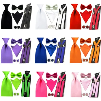 

Men Solid Satin Hanky Pocket Square 8cm Necktie Bow Ties Suspender Cufflinks Set SETBW0057