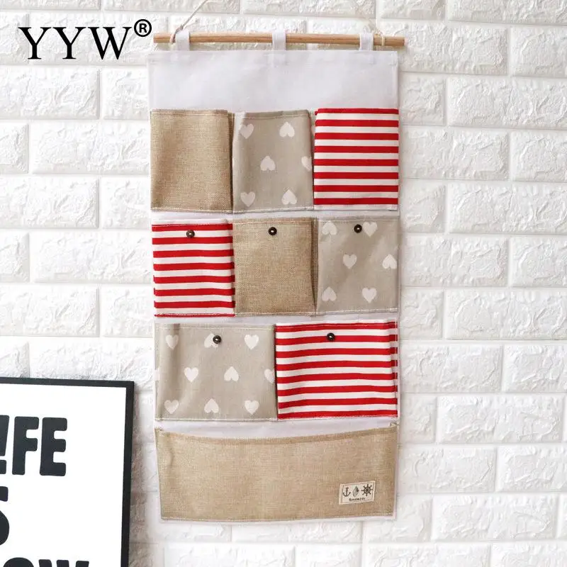 9 Pockets Hanging Storage Bag Wall Mounted Wardrobe Sundries Hanging Bag Container Fabric Cotton Pouch Cosmetic Toys Organizer
