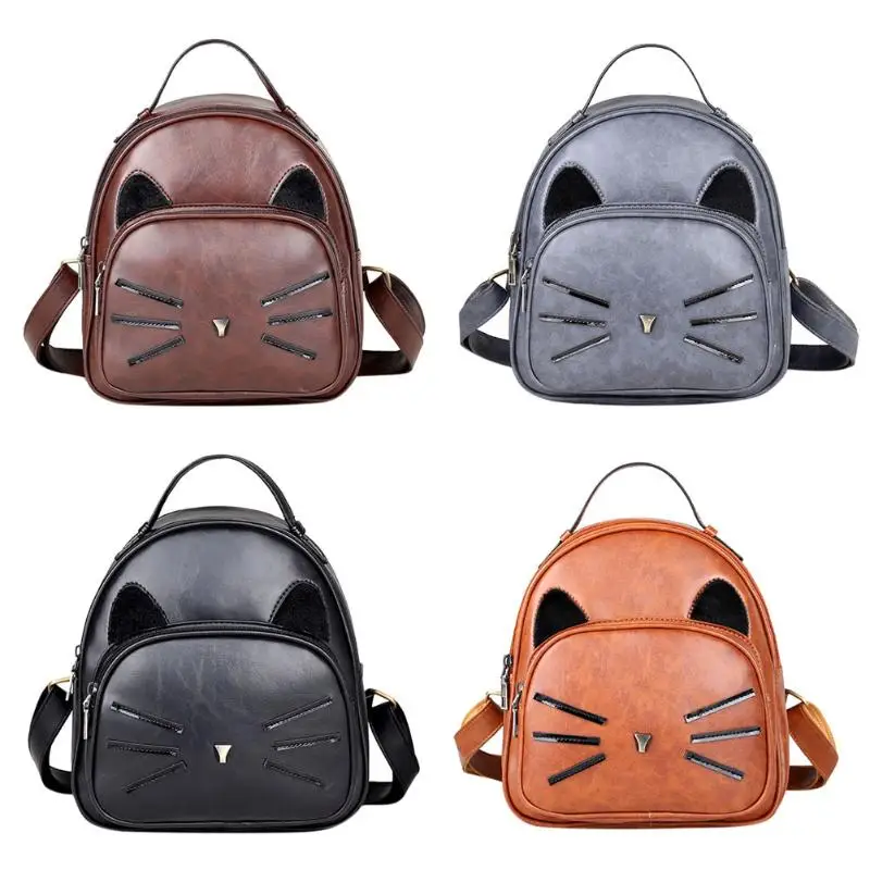 Cute Cartoon Cat Women Backpack PU Leather Backpack Cat Printed Backpack School Bags for Teenage Girls Small Travel Rucksack