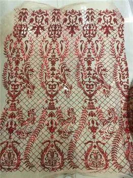 

RED African Lace Fabric with sequins 450*135cm/lot soft African Tulle Lace Fabric High Quality Black Sequin Fabric for Wedding