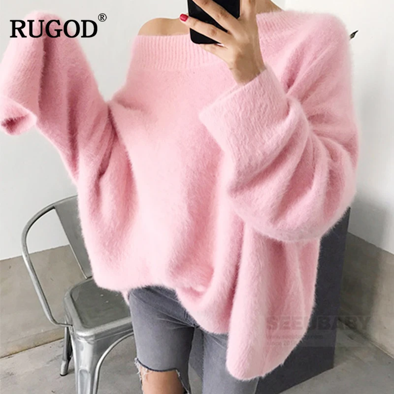 RUGOD 2018 Autumn and winter New White and Pink Oversize Loose Slash Neck Hight Street style women sweater Pullovers korean