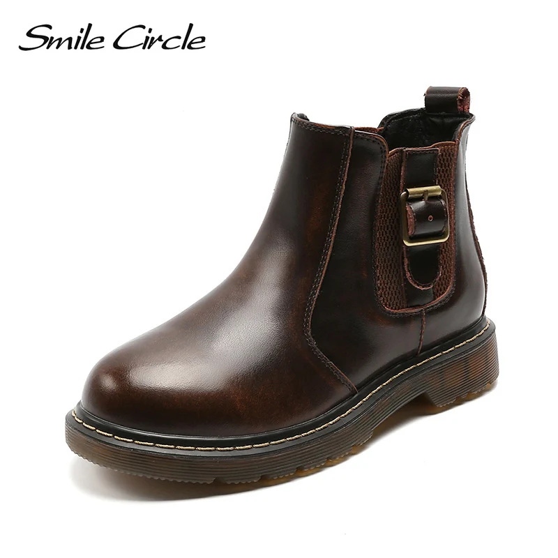 

Smile Circle Slip-on Work Boots Chelsea Women shoes Short Ankle Boots Autumn Winter Warm Fur boots women Platform Shoes