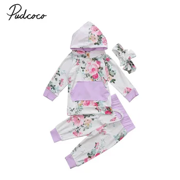 

2017 Hot Sale Autumn New Baby Boys Girls Clothes Children Sweet Floral Long Sleeve Hooded Tops Pants Headband 3pcs Clothing Set
