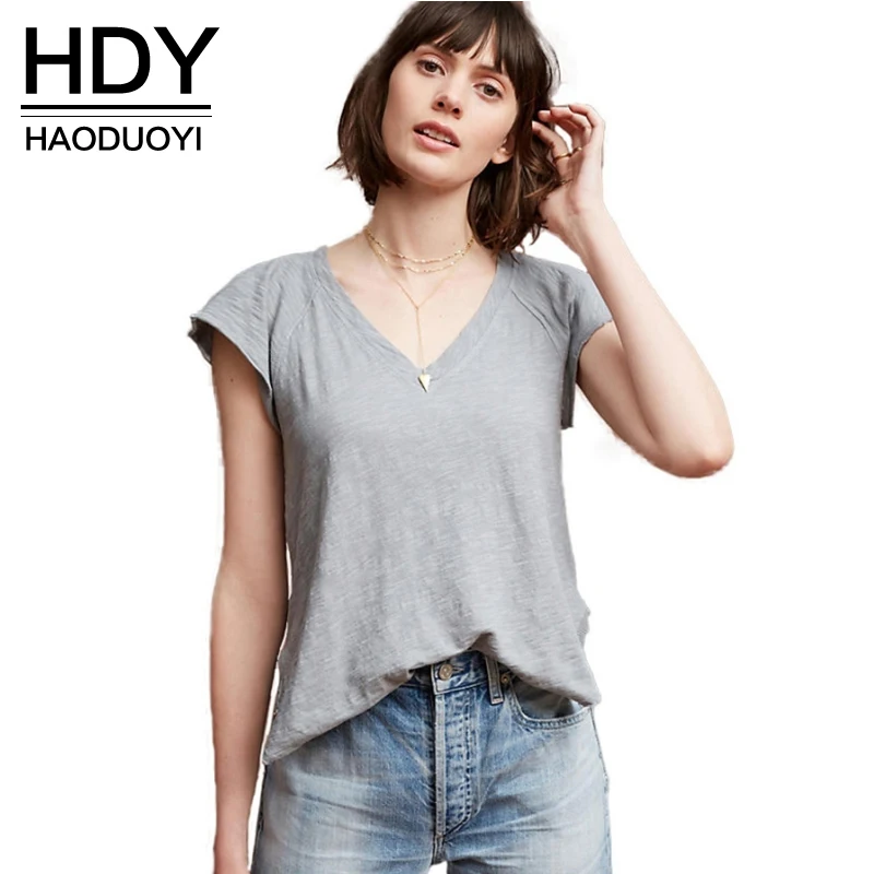 

HDY Haoduoyi 2019 Fashion T-shirt Women Casual Solid Gray/Red V-neck Lady Tops Short Sleeve Cotton Cute Summer Female T-shirt