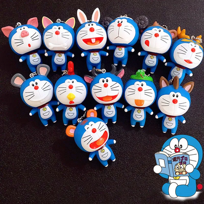 

New Design 3D Cartoon Doll Keychain Chinese Zodiac Japan Anime Doraemon Keyring Animal Dog Pig Rabbit Mouse OX Snake Chaveiro