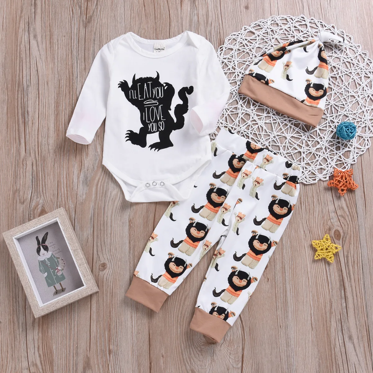 Baby Clothes Set 3pcs Newborn Baby Cute Monster Print Romper Tops Pants Hat Outfits Suit Spring Fall Baby Clothes for Boys Girls