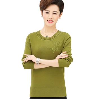 

Fashion Middle Aged Women O-Neck Plus Size Knitted Sweater Pullover Female Full Sleeve Print Diamond Casual Knitt Sweater F632