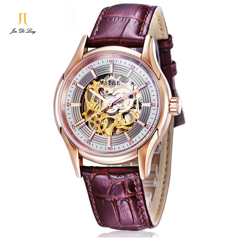Brand Classic Fashion Skeleton Casual Watch Men s Business Automatic Self wind Tourbillon Wrist Watches Leather