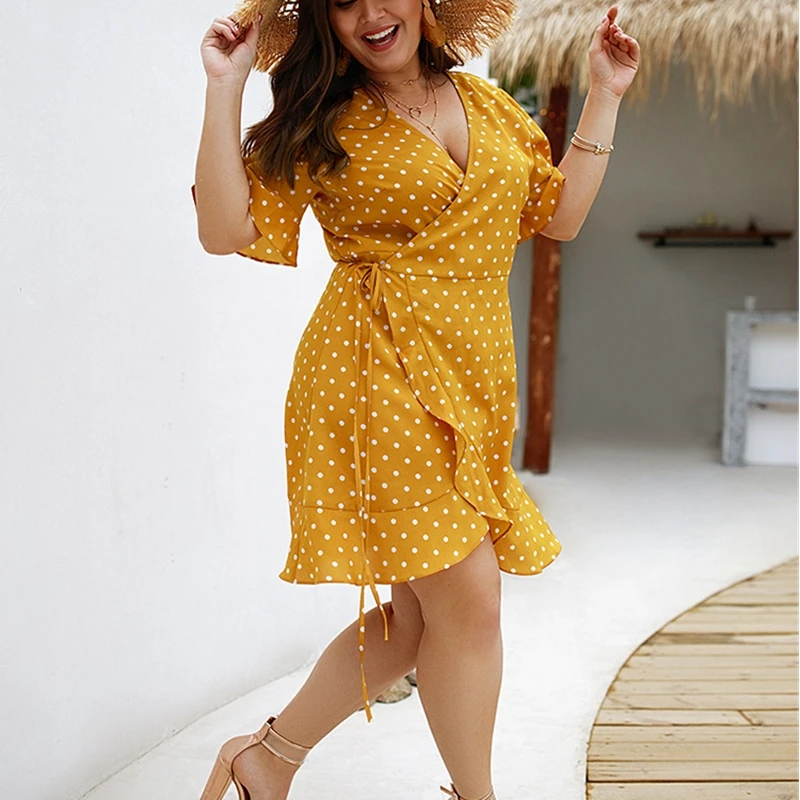

Litthing 2019 New Women 4XL Plus Mini Dress Summer Polka Dot Female Dresses Butterfly Sleeve Warp Sexy Boho Vestido Robe Femme