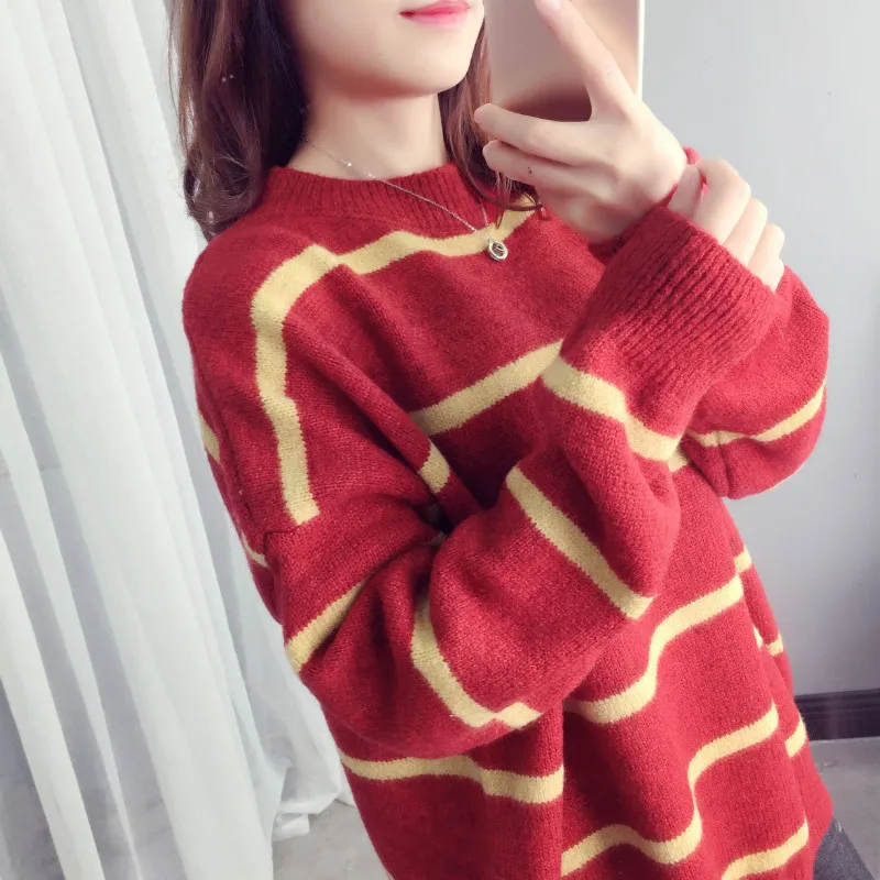 

Girls Sweaters Preppy Style O Neck Pullovers Loose Batwing Sleeve Striped Thick Red Brown Rice Gray Blue Light Gray