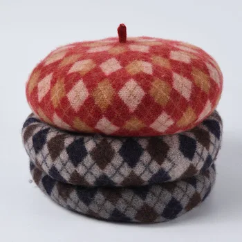

2019 Fashion Vintage Winter French Beret Women Beret Hat Black Leopard Plaid Wool Beanie Painter Hat Berets Caps for Women
