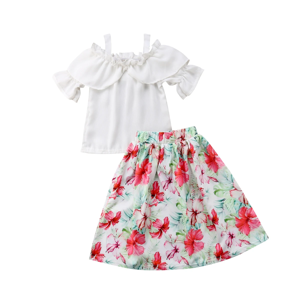 

Toddler Kids Baby Girl Chiffon Off Shoulder Short Sleeve Tops Floral Skirt Outfits Clothes Set 2019