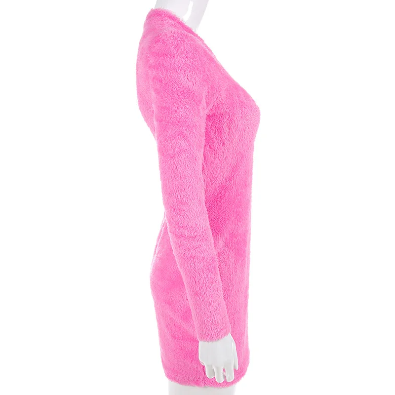 BOOFEENAA неоновое розовое сексуальное облегающее платье для женщин с высоким воротником и длинным рукавом мини-платья-свитеры вечерние Клубные платья Vestidos C77-I67