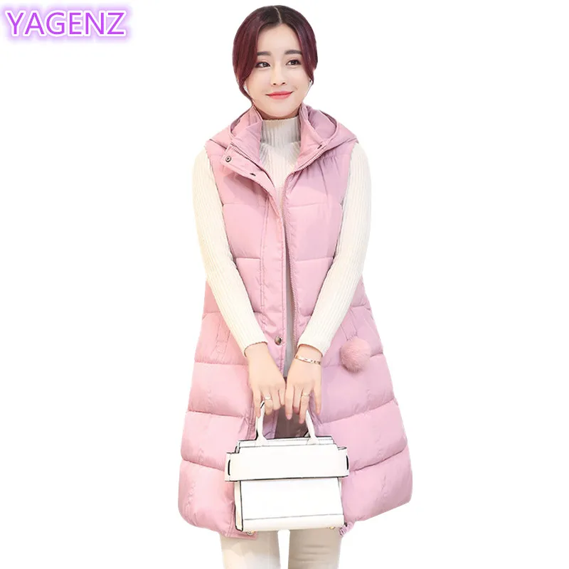 YAGENZ, плюс размер, женский жилет, зимняя женская одежда, длинная куртка с помпонами, модная женская теплая жилетка с капюшоном 283 - Цвет: Pink