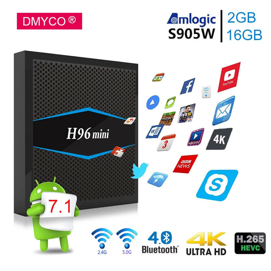

DMYCO H96mini TV BOX Android 7.1 4K Amlogic S905X 2G/16G 5.0G WIFI Bluetooth 4.0 tvbox H.265 VP9 UHD HDMI 2.0 Smart Media Player