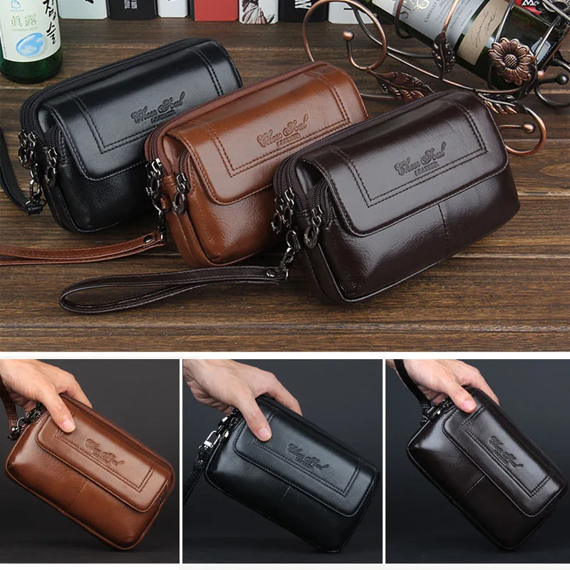 Men Genuine Leather Clutch Handy Bag Cell Phone Case Purse Belt Wrist Waist Pack